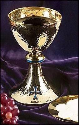 Solid Brass w 24KT Blue Enamel Cross Catholic Altar Chalice w Paten 7 3⁄4" H