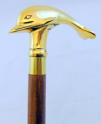 Victorian Dolphin Cane 36" Long Mens Wood Walking Stick w Solid Brass Handle