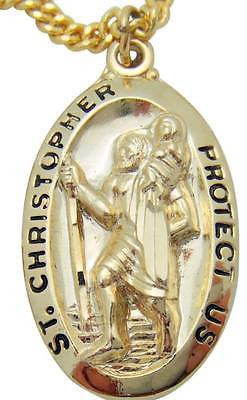 14K Gold over Sterling Silver 1 1/16" St Christopher Medal w 20" Chain Boxed