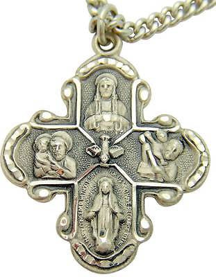 MRT Sterling Silver Four Way Medal Cross 1 1/8" w Stainless Steel Chain + Boxed