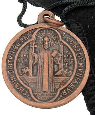 MRT Saint Benedict 1" Bronze Catholic Pendant Medal From Italy W Black Gift
