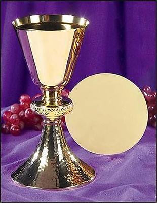Solid Brass w 24KT Gold Ornate Node Chalice with Hammered Base and Paten 9" 9oz
