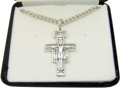 MRT San Damiano Crucifix Pendant Oxidized Silver Tone Gift w Box & Chain 3/4"
