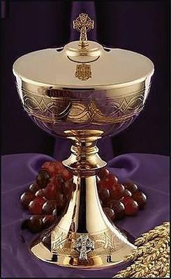 Solid Brass w 24KT Gold Plating Etched Celtic Cross Ciborium with Cover  9 1⁄4"H