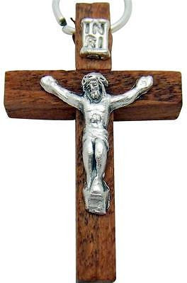 MRT Redwood Wooden Crucifix Pendant w Silver Metal Corpus Cross 1 1/2" Italy