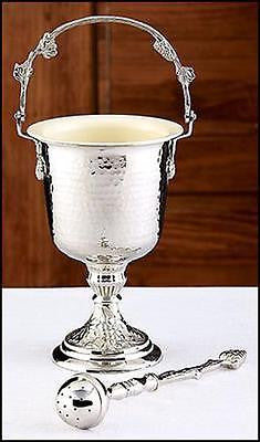 MRT Hammered Finish Silver Plated Holy Water Pot w/ Sprinkler Set 14" H 6" Dia