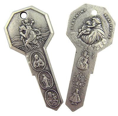 MRT One St Christopher & Anthony 2 Side Silver Tone Metal Key Pendant 2" Italian