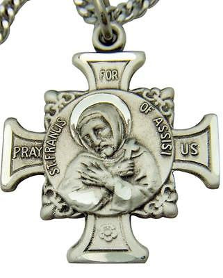 MRT Sterling Silver Saint Francis St Anthony Medal Pendant Cross w S Steel Chain