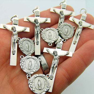 10 Lot Of Silver Plate Rosary Parts Crucifix Miraculous Mary Centerpiece