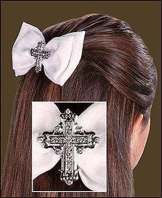 MRT Girls First Holy Communion Hair Bow w Cross Polyester Rhinestone Metal Gift