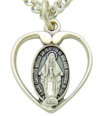 MRT Miraculous Mary Heart Medal Sterling Silver Medal 1/2" w Chain Boxed Gift