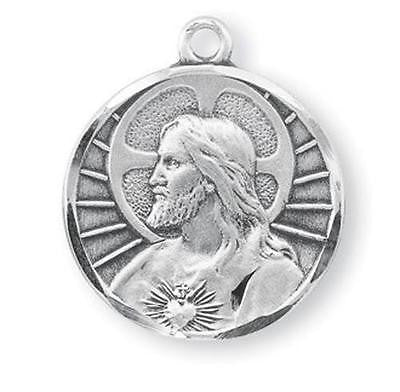 MRT Sterling Silver Sacred Heart Profile Round Medal Pendant 1" with Chain Boxed