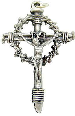 MRT Crown Of Thorns Silver Plate Metal Pectoral Crucifix Pendant Cross 2.25"