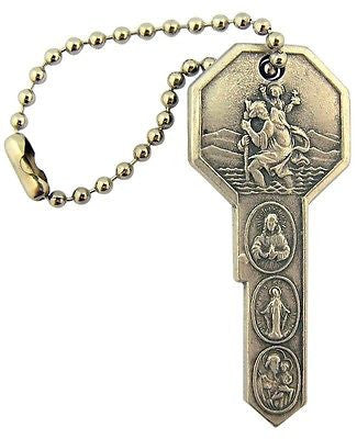MRT Key Chain Ring Our Lady Of Grace & St Christopher Silver Plate Gift 2"