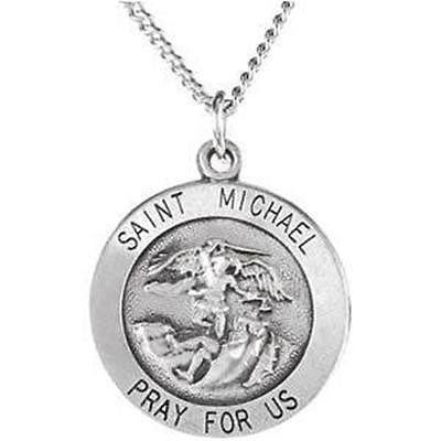Big Sterling Silver Round Saint Michael Protection Medal Gift w Chain 1" L