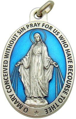 MRT Miraculous Mary Medal Large Blue Enamel Silver Tone Pendant Gift Italy 1.5"