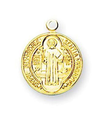 MRT Gold Over Sterling Silver St Benedict 5/8" Round Engraved Medal on 18" Chain