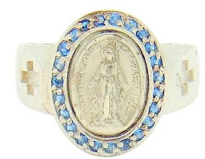 MRT Miraculous Mary Medal Ring Sterling Silver w 23 CZ Saphires Sizes 5-8 Boxed