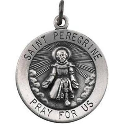 .925 Sterling Silver Round Saint St Peregrine Medal Gift w Chain Boxed 3/4"