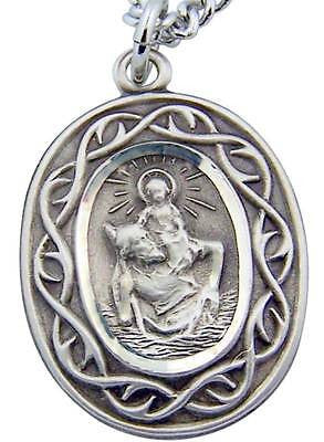 .925 Sterling Silver St Christopher Travel Medal 3/4" w Stainless Chain Gift