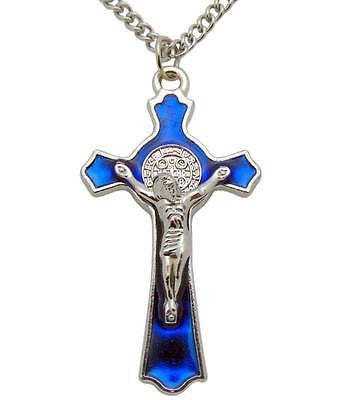 St Benedict 2" Blue Enamel Metal Crucifix Saint Pendant Cross Gift w 24" Chain