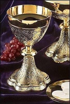 Solid Brass w 24KT Gold Embossed Vines Altar Chalice with Paten 8 1⁄4" H 19 oz
