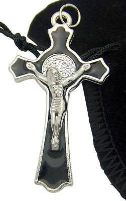 MRT Saint Benedict 2 Inch Silver Tone Metal & Enamel Pendant Crucifix w Gift Bag