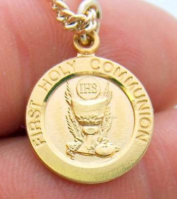 14K Gold on Sterling Silver First Holy Confirmation Medal w 18" Chain