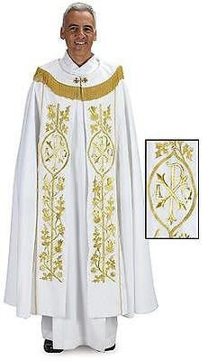 MRT White Cope w/ Gold Embroidery & Fringe Priest Mass Church Vesment 55.5" L