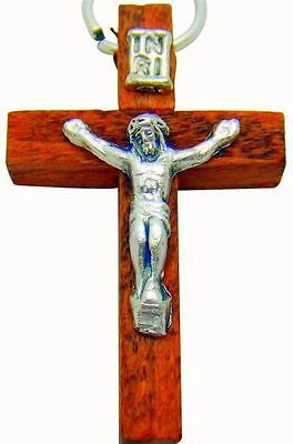 MRT Wooden Pectoral Crucifix Pendant w Silver Metal Corpus Cross 1 1/2" Italy