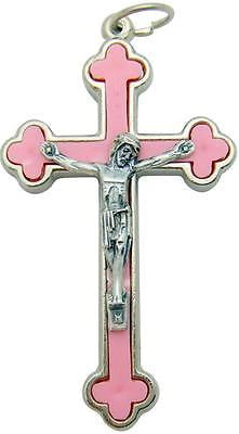 MRT Crucifix Newborn Baby Girl Mom Gift 1.5" Pink Cross Silver Plate Metal Italy