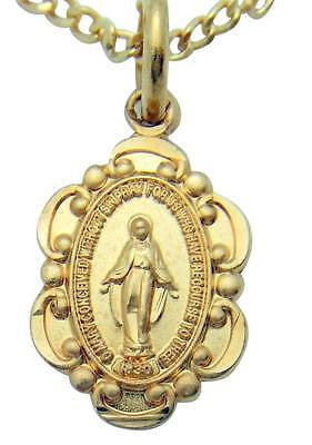 MRT Miraculous Mary Medal 14KT Gold Over Solid Sterling Silver wChain Boxed 1/2"