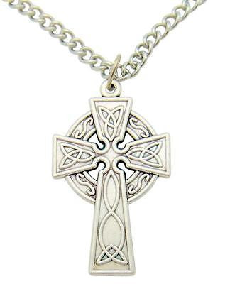 Celtic Cross Pendant 1"L Oxidized Silver Tone Metal Irish Gift with Box & Chain