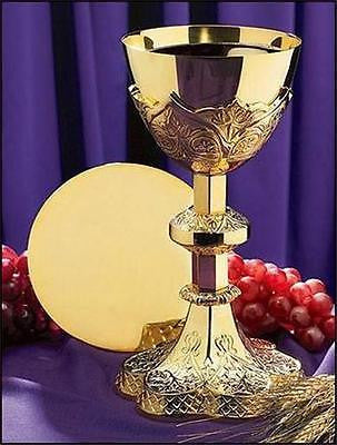 Vine Embossed Brass Gold Plate Chalice and Paten Altar Set Gift 9 3⁄4" H by MRT