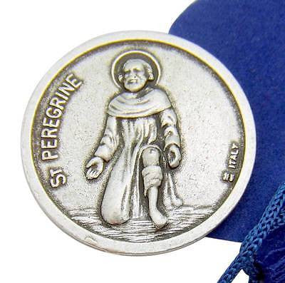 MRT St Saint Peregrine 1 Inch Prayer Coin Token Silver Tone Metal w Bag Italy