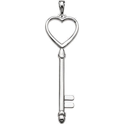 Solid Sterling Silver Heart Key Pendant W Diamond Cut Finish 2" x 3/4" Gift