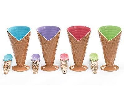 Set Of 4 Large Ceramic Ice Cream Cone Dishes Bowls w/ Spoons Fun Gift 7"H each