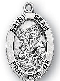 St Sean 7/8" Oval Sterling Silver Medal Irish Saint Gift w Steel Chain Boxed