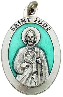 LARGE St Jude 1.5" Pendant Green Enamel Saint Medal Silver Plated Gift by MRT