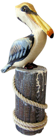 Wood Pelican Statue On Piling with Rope Handmade Decoration, 10 Inches