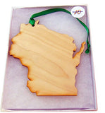 Wisconsin Wooden Christmas Ornament Boxed Wood State Handmade in the USA