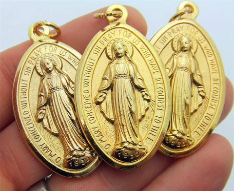 3 Miraculous Mary Madonna Medal Pendant HUGE Gold Tone Metal Gift Italy 2"