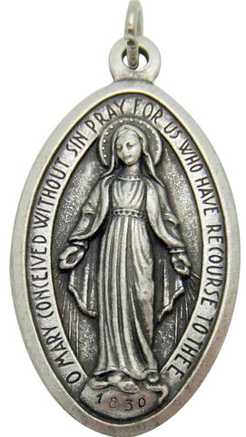 MRT Miraculous Mary Madonna Medal Pendant HUGE Silver Tone Metal Gift Italy 2"