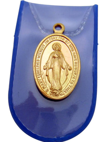 MRT Gold Tone Metal Miraculous Medal in Vinyl Pouch Silver Plate Gift 3/4" Italy