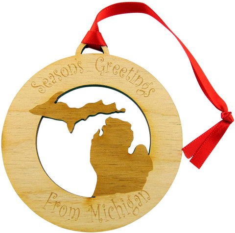Seasons Greetings from Michigan Wooden Christmas Ornament Boxed Handmade in the USA
