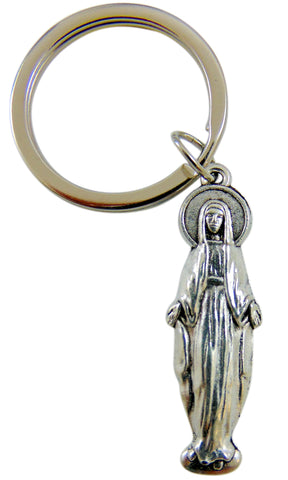 Our Lady of Grace Keychain with Holy Card Gift Set with Mini Statue Key Ring