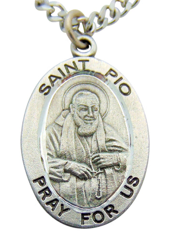 Saint Pio Pewter Medal 1" Pendant on 24" Endless Stainless Steel Chain
