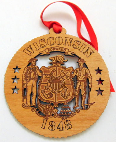 Wisconsin Christmas Ornament Wooden State Seal Tree Decoration Handmade in The USA