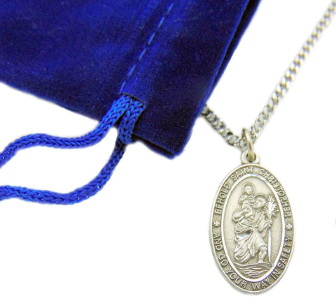Saint Christopher Pewter Travel Pendant Oval Medal on 24 Inch Stainles ...