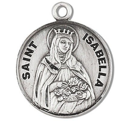 Sterling Silver 7/8" Round Saint St Isabella Patron Medal with Stainless Steel Chain